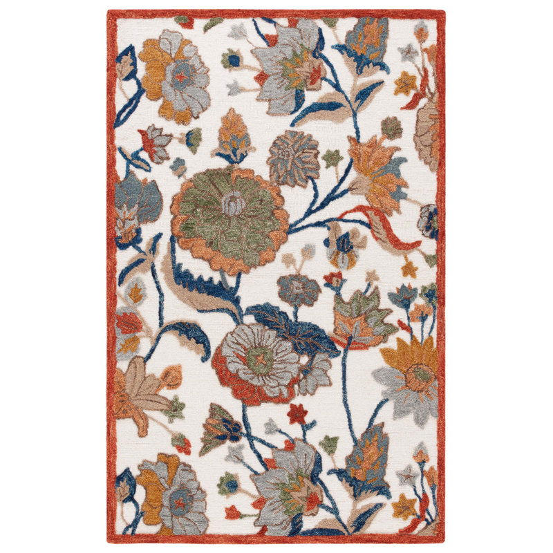Schwenksville 759 Hand Tufted Wool/Cotton Floral Indoor Use Only Rug in Ivory/Green, Rectangle 4' x 6'