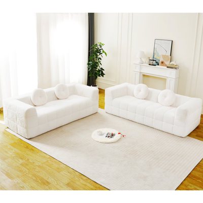 Canapé contemporain contemporain, canapé moderne sans os avec deux coussins décoratifs circulaires, tissu en polyester à poils longs texturé litchi doux pour la peau, canapé en mousse à carreaux