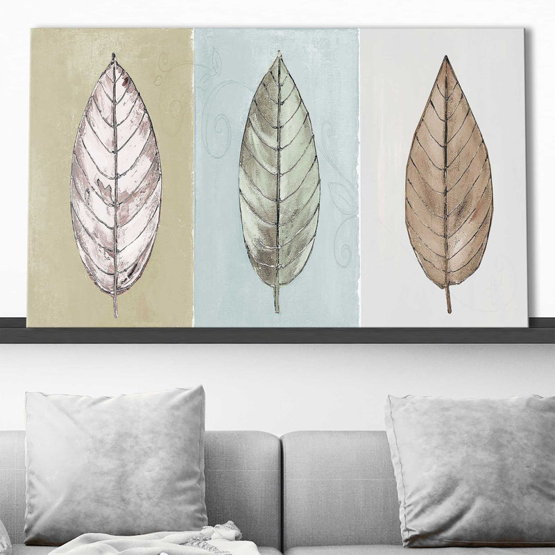 «Neutral New Leaf Trio» par Patricia Pinto - impression, Toile tendue, H 36 po x l 60 po x P 1,5 po