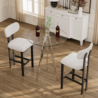 Modern Tempered Glass Round Bar Table Set With Upholstered Fabric Counter Height Barstools