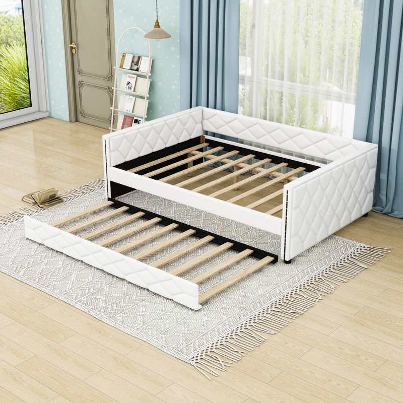 Lit de jour rembourré double TG avec lit gigogne simple, lumière DEL et pieds centraux, Blanc