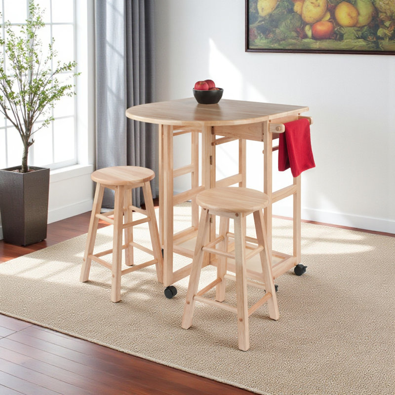 Hendrickson Natural 3-Piece Drop Leaf Dining Set, 2 Stools, 1 Table, 20.8'' H X 11.6'' W X 11.6'' D