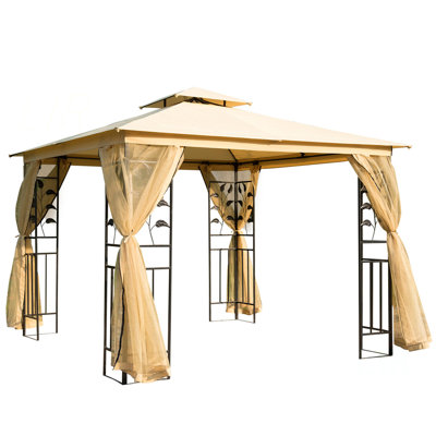 Abri de jardin en métal 10 pi x 10 pi, abri de jardin à double toit avec abat-jour à motif d'arbre et filet, pour jardin, pelouse, cour et terrasse