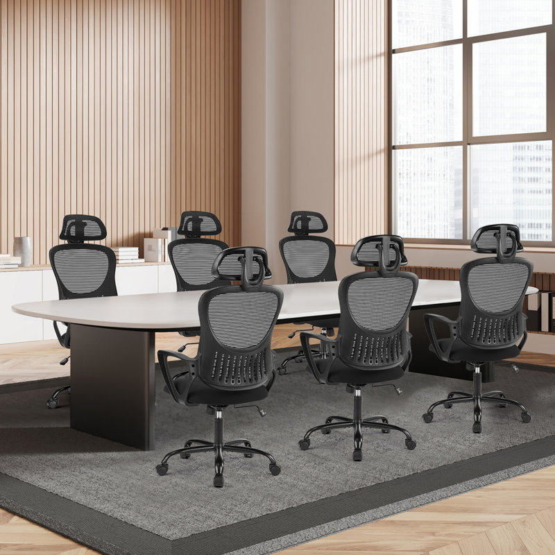 Rolling Work Chairs with Wheels and Adjustable Headrests, Black, Black