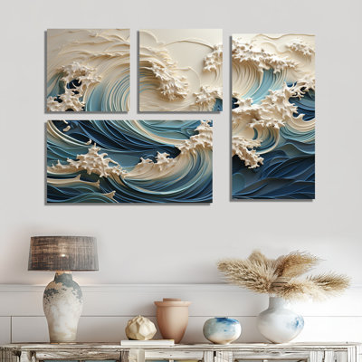 Vague blanche et bleue de style papercut III - Vagues côtières, art mural grand 4 pièces