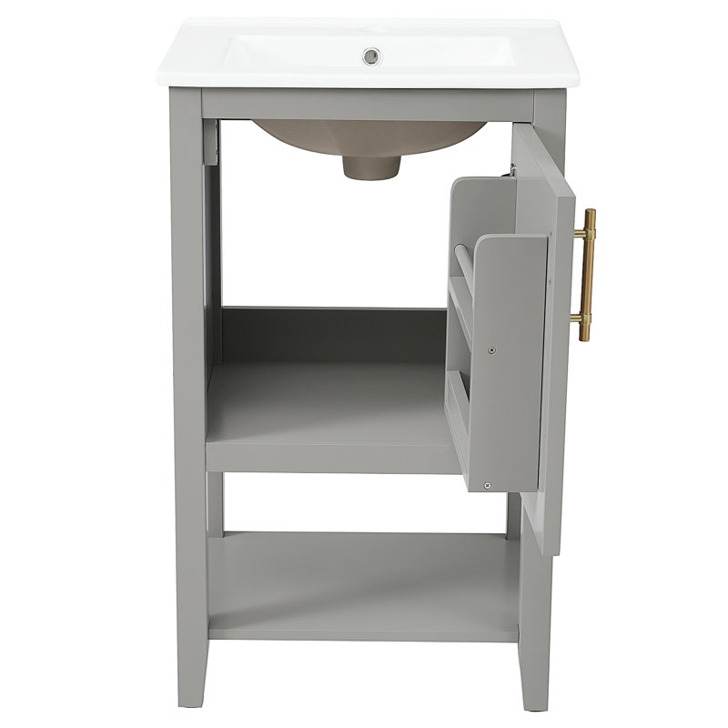 Meuble-lavabo de 20 po avec lavabo, armoire de salle de bain avec porte à fermeture douce, support de rangement et tablette ouverte, gris