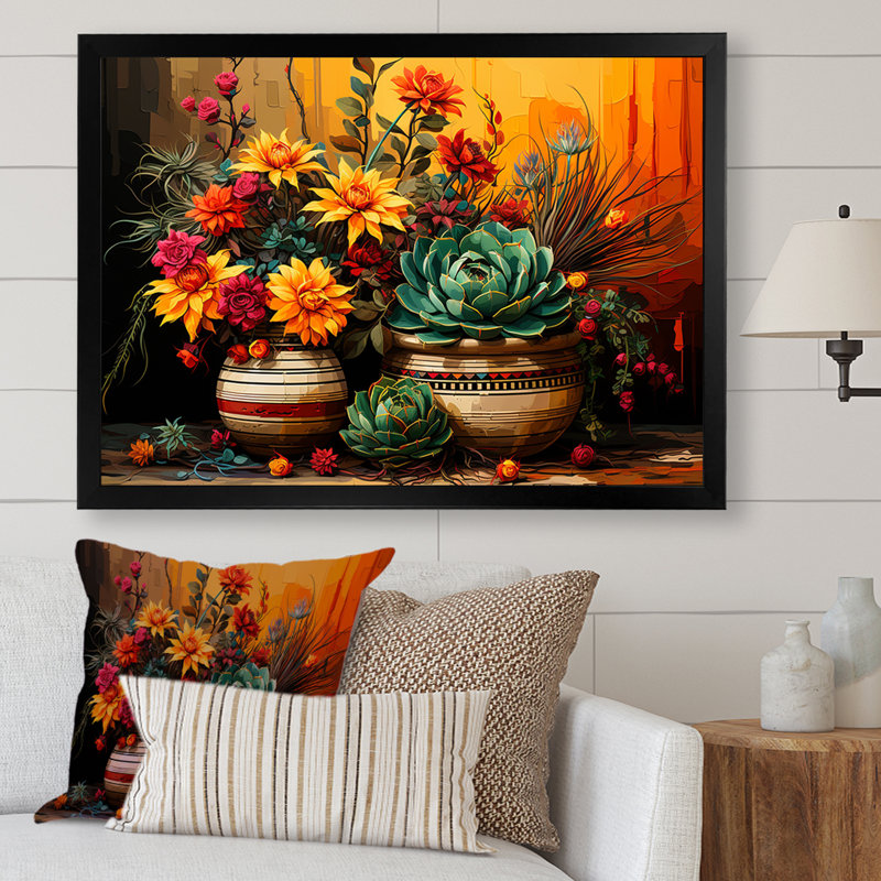 Boho, poterie florale mexicaine, H 16 po x l 32 po x P 1 po, Cadre d'angle fermé noir