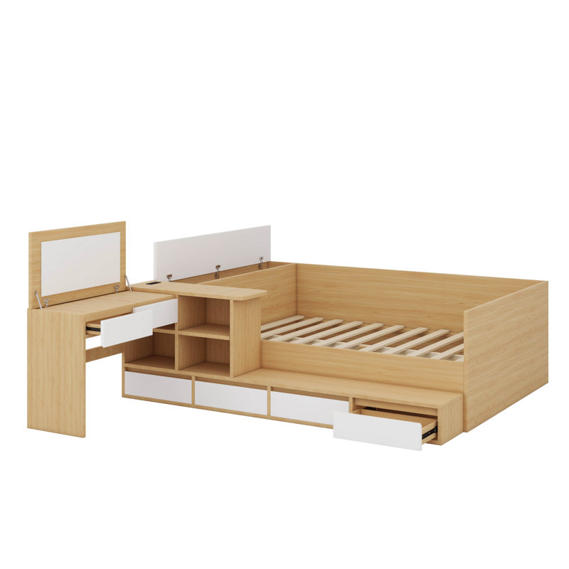 Lit plateforme double en bois avec tiroirs, tablettes et coiffeuse, Naturel
