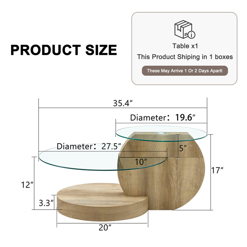 Luxurious 35.4" Glass Top Round Nesting Coffee Table with 3-Tier Storage Shelves, Natural Wood