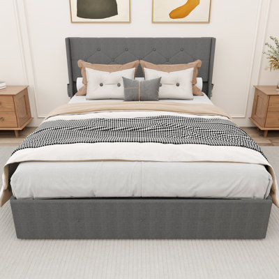 Lit double moderne avec rangement relevable, rembourrage en mousse, tête de lit à oreilles, ports, gris, sans sommier, peu encombrant, mobilier de chambre à coucher, finition grise contemporaine