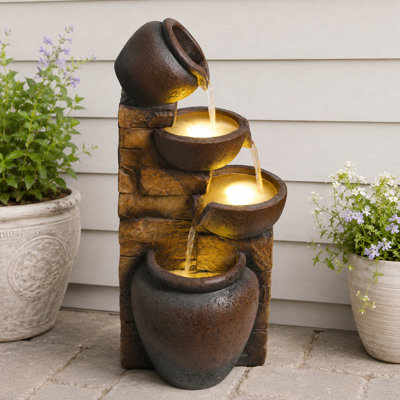 LED Lighted Tiered Bowl Outdoor Water Fountain, Faux Stone Rustic Floor Fountain with Cascading Waterfall