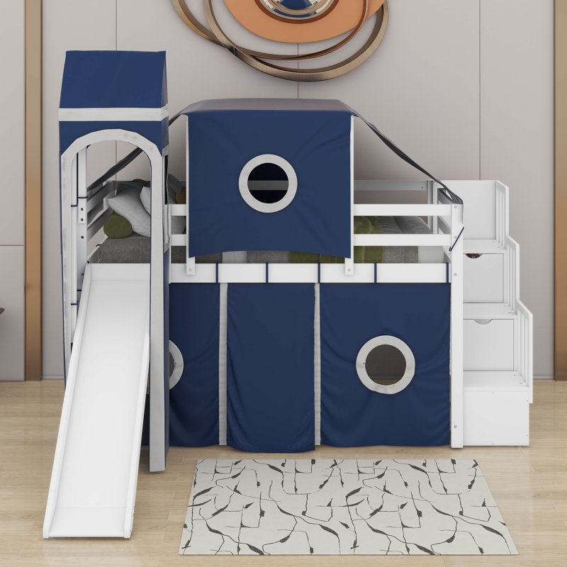 Lit mezzanine simple avec tente et tour, Bleu, Lit simple
