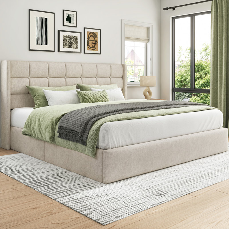 Lift Up Storage Bed Frame, Linen Upholstered King Platform with Button Tufted Wingback Headboard and Under-Bed Storage, Hydraulic Support, No Box Spring Needed, Noise Free, Beige