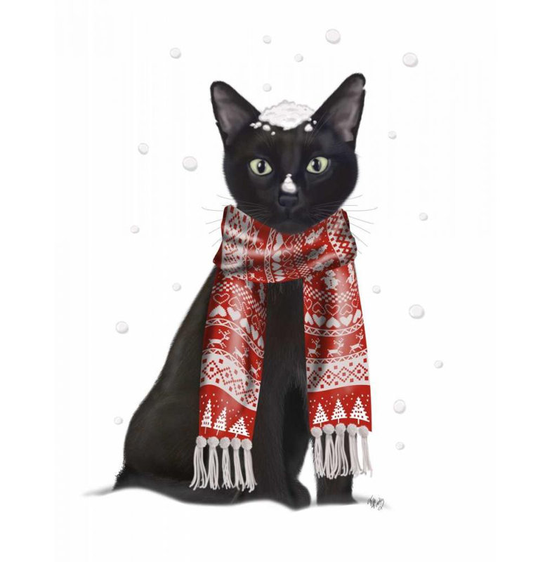 Art sur toile tendue Red Barrel Studio® Fab Funky Gallery: chat noir, foulard rouge, H 45 po x l 36 po