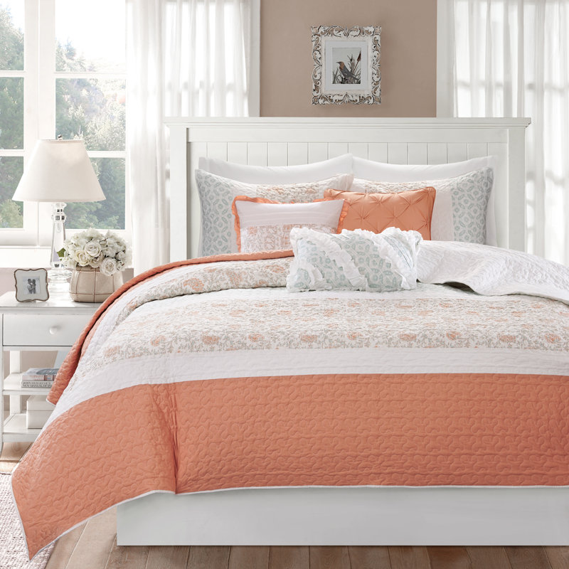 Ensemble de courtepointe en percale de coton 6 pièces avec coussins décoratifs Dawn, Corail