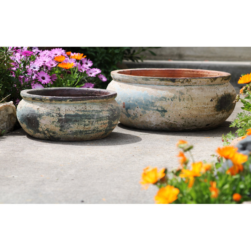 Pots de fleurs bas Parco en terre cuite à bord arrondi, lot de 3 - Intérieur/Extérieur, Blanc héritage