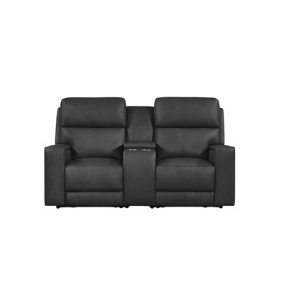 Causeuse double en cuir véritable avec console et porte-gobelets escamotables