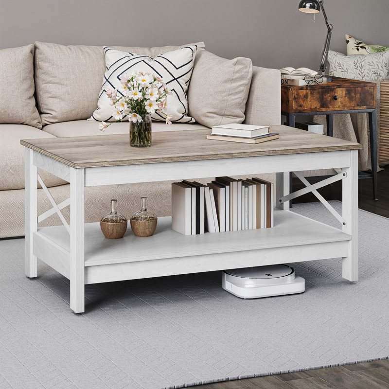 Table basse simple de 39,3 po de largeur avec tablette inférieure et support en X, Bois jaune moyen, Blanc