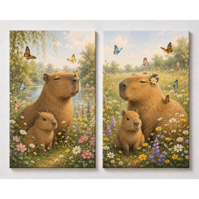 Grand ensemble de 2 fleurs murales Capybara Wildflower pour chambre de chambre de bébé, décoration sur toile mignonne papillon pour chambre d'enfant, impression sur toile 16 x 24 pouces - prête à être accrochée