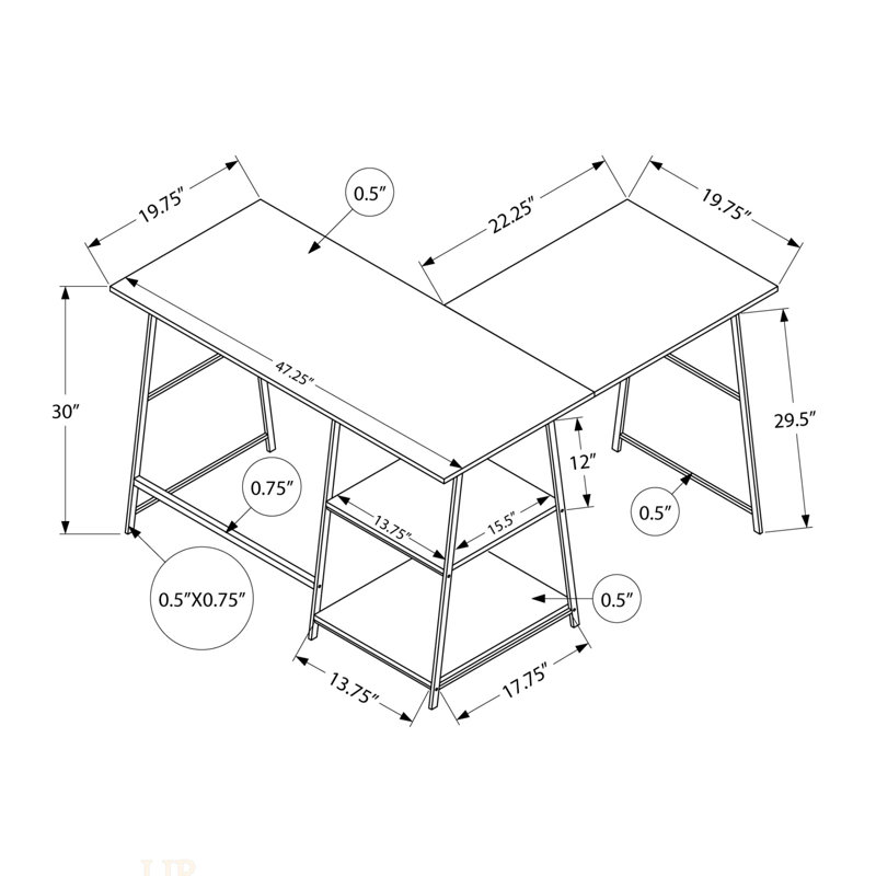 Bureau d'ordinateur en L avec tablettes de rangement en coin pour bureau à domicile, conception peu encombrante avec surface en stratifié naturel et structure en métal