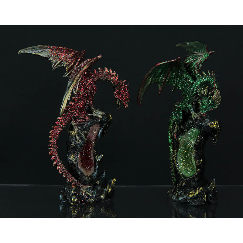 Heloise cold cast resin dueling dragons on faux geode figurines, metallic blue, green, red, pink, gold — set of 4, 5.75″ H x 4″ L x 2″ W