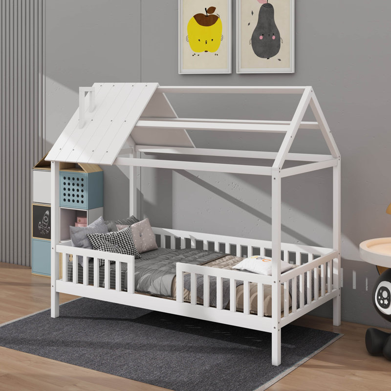 Lit simple en bois avec clôture, Blanc