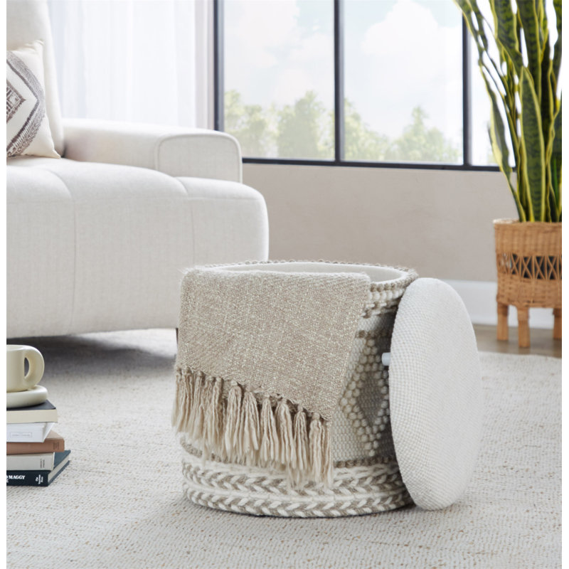 18" Storage Ottoman In Beige Handwoven Wool With Tufted And Knoted Design