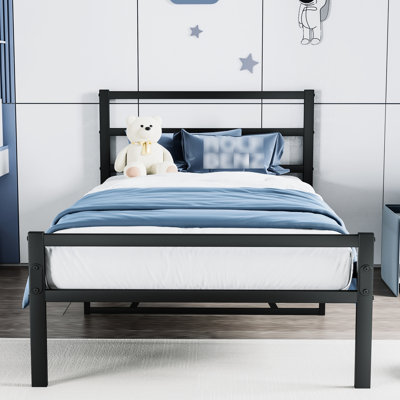 Base de lit plateforme en métal et tête de lit, noir - stable, aucun sommier requis, tête de lit silencieuse incluse, lit simple robuste, ressort, repos paisible