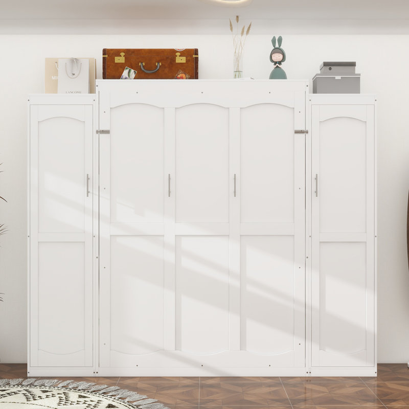 Queen Size Murphy Bed, Wooden Queen Wall Bed With 2 Wardrobe And Storage Shelf, Multifunctional Foldable Platform Bedframe For Guest-Room, Bedroom, White