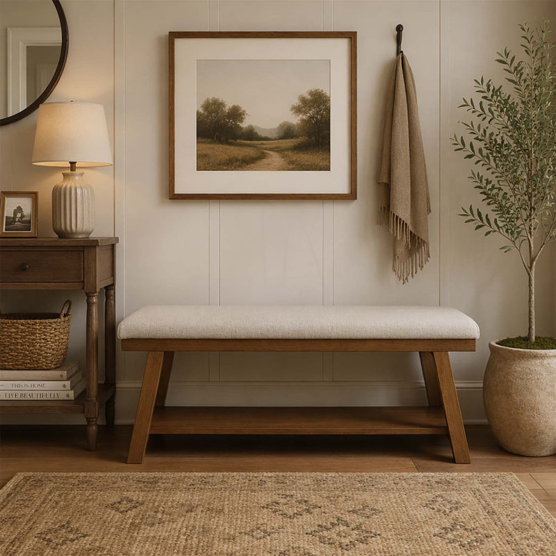 Banc rembourré avec tablette de rangement, Beige+Brown