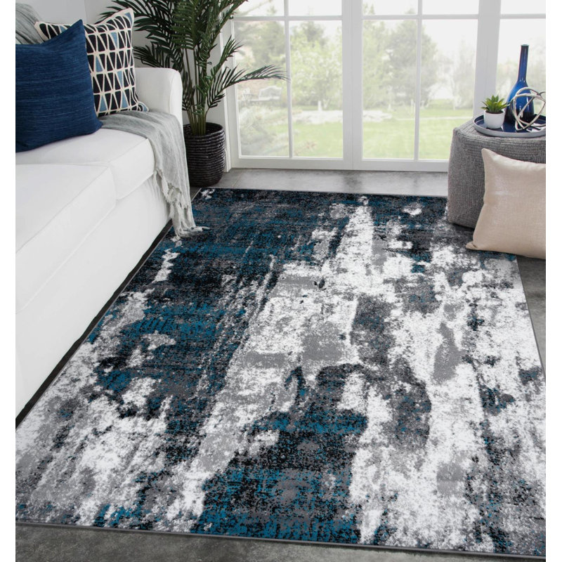 Tapis abstrait turquoise / gris Elkmont, Rectangle 4 pi x 5 pi