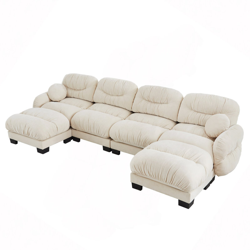 Canapé d'angle modulaire en tissu chenille confortable au design plissé, avec siège ergonomique en mousse haute densité, pouf, accoudoirs arrondis et 2 coussins décoratifs ronds.