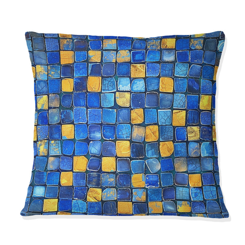 Carreaux de mosaïque bleu et jaune I - Coussin décoratif moderne, H 16 po x l 16 po