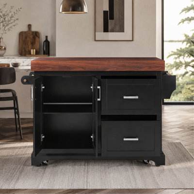 Îlot de cuisine K&K de 135 cm (53 po) avec plateau de 9 cm (3,5 po) d'épaisseur, porte-épices et porte-serviettes, îlot de cuisine mobile avec rangement sur 5 roues, 2 tiroirs extra-larges, pour la maison, la cuisine et la salle à manger.