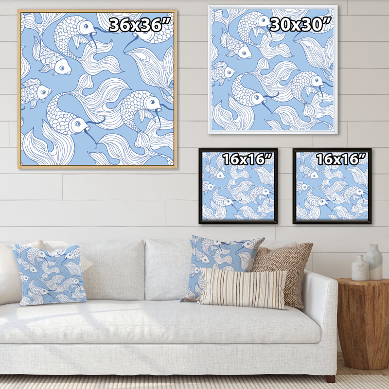 «White Abstract Fish on Blue», reproduction sur toile flottante, H 36 po x l 36 po, Blanc