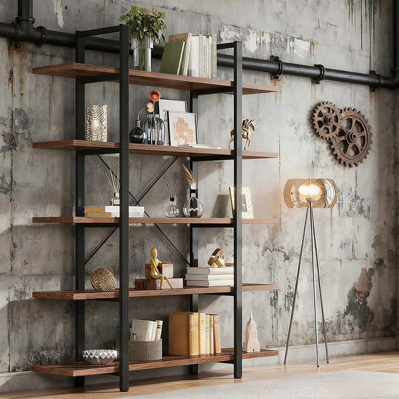 Très grande bibliothèque à 5 niveaux avec tablettes rustiques réglables pour les livres et la décoration.