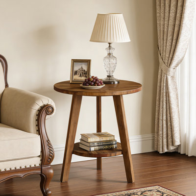 23.7" Solid Wood Round End Table, Farmhouse Sofa Side Table with Storage Shelf
