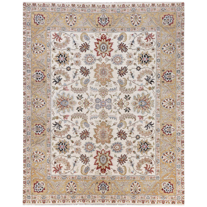 Tapis ivoire et doré de haute qualité noué à la main, Rectangle 8 pi x 10 pi