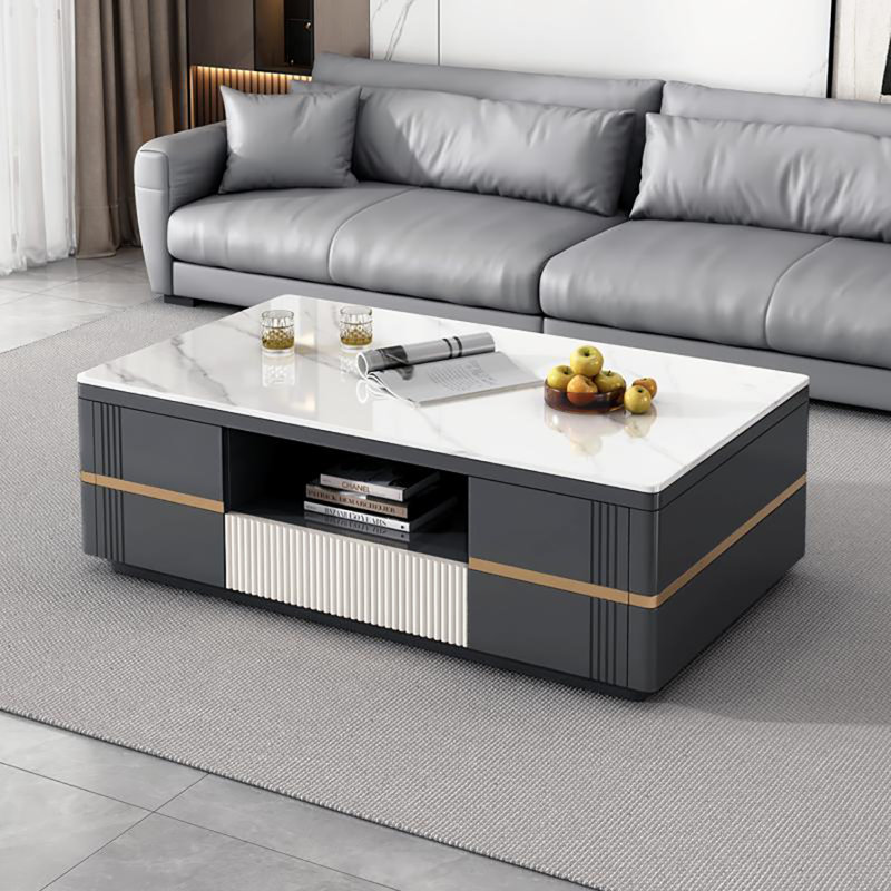 Table basse simple à plaque de pierre haut de gamme, Blanc / Blanc, H 17,7 po x L 55,1 po x l 31,5 po, Gris