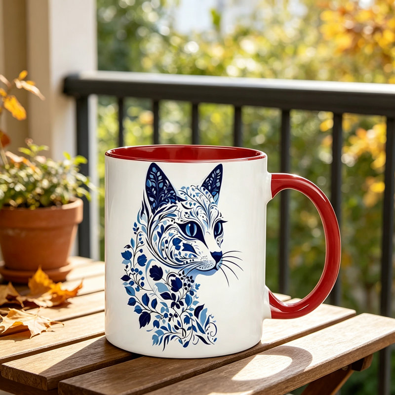 Single Elegant Blue Floral Cat Ceramic Coffee Mug - Fine Porcelain Tea Cup Featuring Cat Face & Paws Design, Ideal Gift for Cat Enthusiasts.
