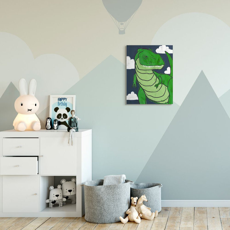 «T-Rex Kid's Green Dinosaur Blue Sky» par Daphne Polselli - impression d'art graphique, H 20 po x l 16 po x 1,5 po