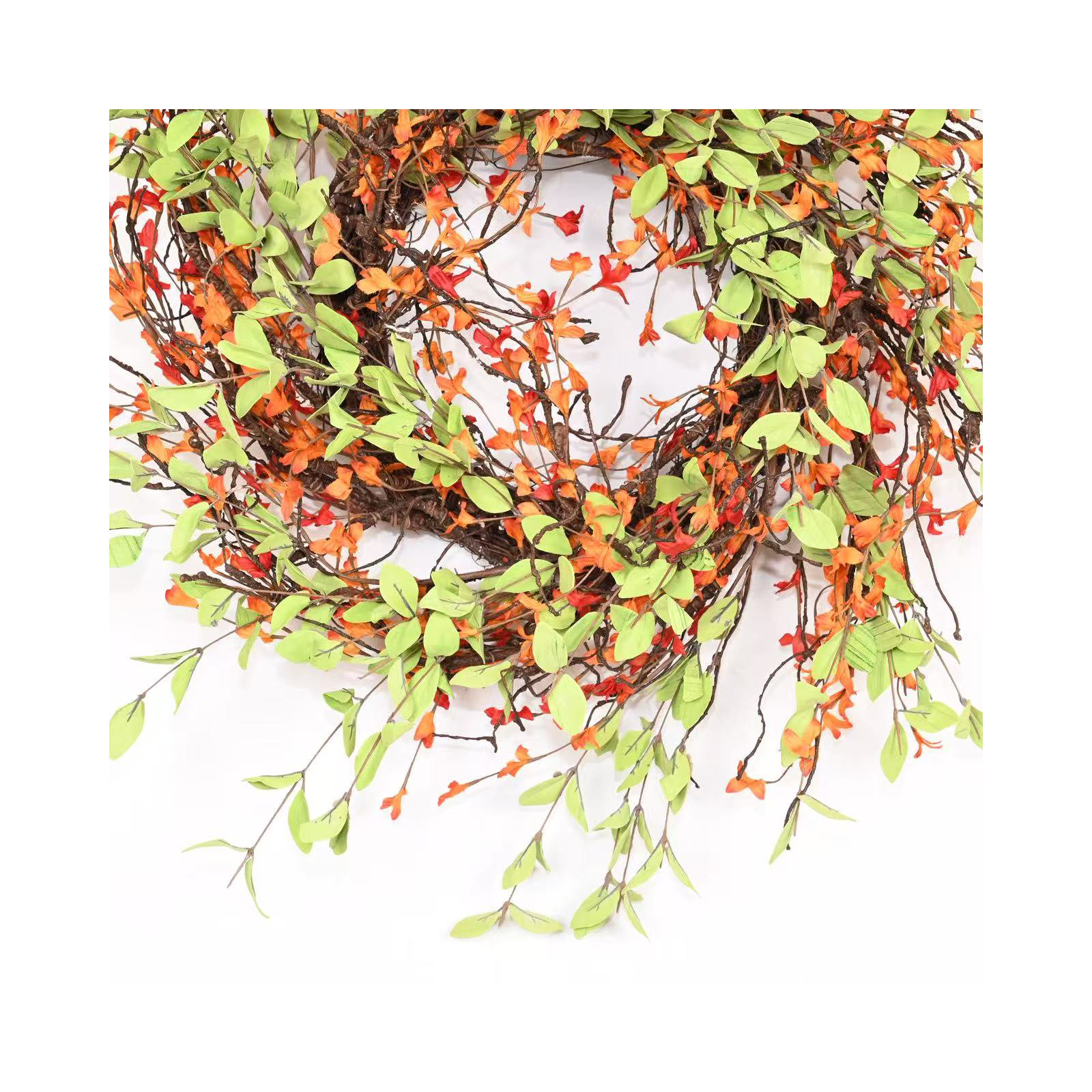 26" Artificial Farmhouse Blossom Cluster Fall Foliage Twig Thanksgiving Day Harvest Wreath For Front Door, Green/Orange