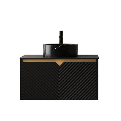Meuble-lavabo de 30 po: vasque en céramique noire avec plateau en pierre frittée, portes d'armoire en bois massif sergé - Symmetry, mécanisme de fermeture en douceur, lavabo rond à installation facile, système de fermeture, contreplaqué