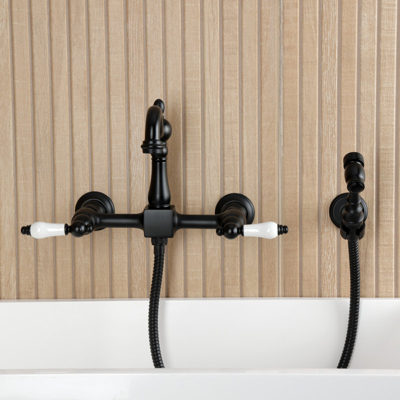 Kingston Brass Heritage Double-Handle 3-Hole Wall-Mount Bridge Kitchen Faucet With Brass Sprayer, Matte Black