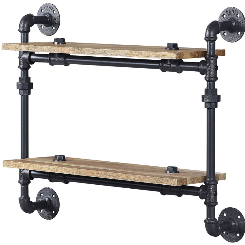 Étagère à 2 murs de style industriel - structure en métal, chêne et noir sableux, ajoute fonctionnalité à un support industriel à 2 tablettes et range des objets divers
