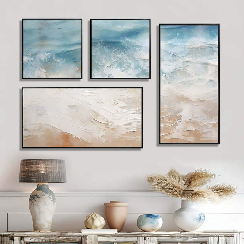 Moderne bleu et beige sable vue aérienne I - art mural côtier 4 pièces, Impression encadrée sans passe-partout, Noir
