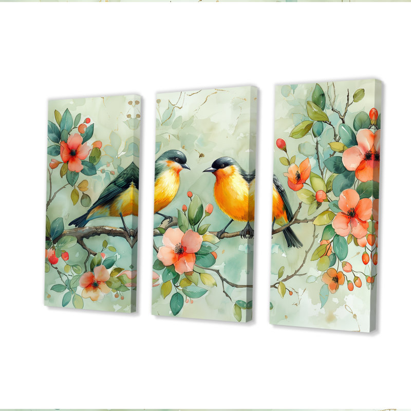 Ensemble de salon art mural jaune et vert avec oiseaux Eden I, Toile tendue, H 28 po x l 36 po x P 1 po
