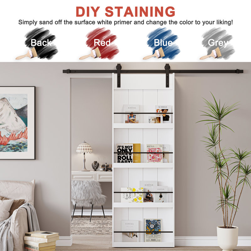 84"H Wood and Primed Bookshelf Style Barn Door with Mounting Hardware Kit