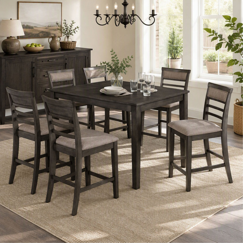 Ensemble de salle à manger 7 pièces avec table haute et 6 chaises rembourrées à dossier à lattes, fini gris vieilli et beige