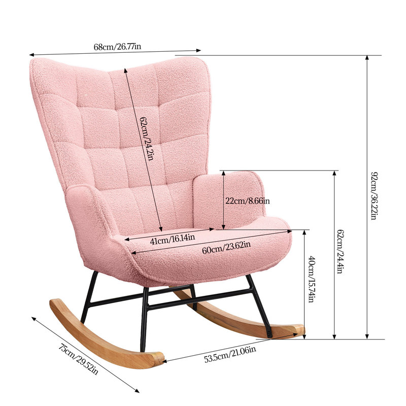 Tufted Rocking Chair, Modern Scandinavian Bouclé Accent Chair with Solid Wood Runners, Beige/Light Grey/Dark Grey/Pink, Pink